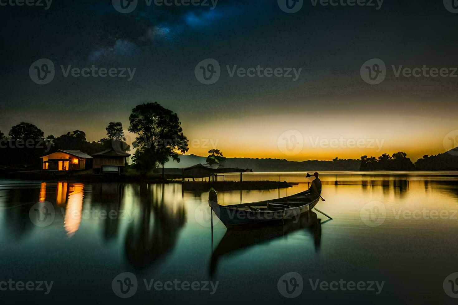 un' barca si siede su il acqua a tramonto. ai-generato foto