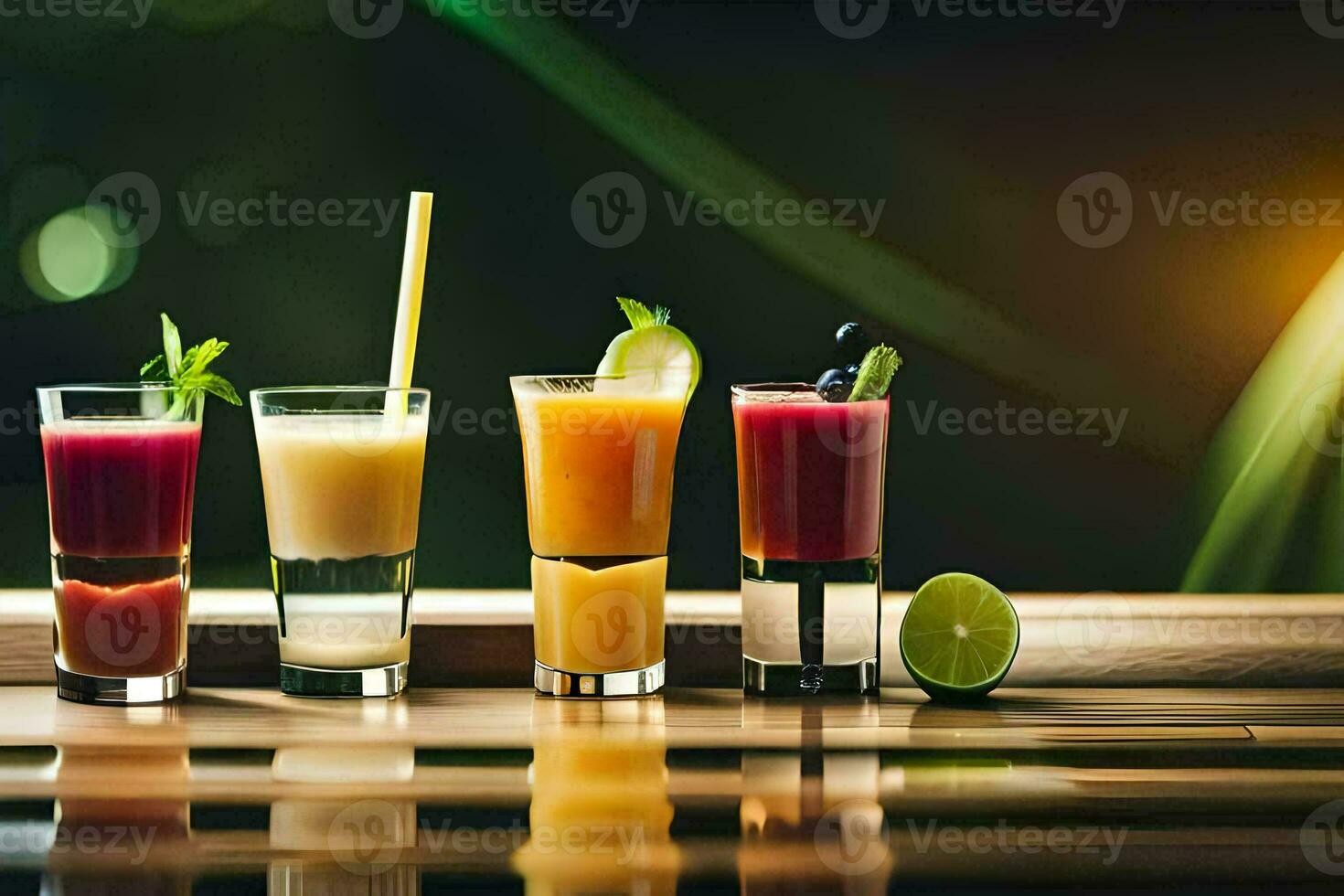 cinque diverso bevande nel bicchieri su un' tavolo. ai-generato foto
