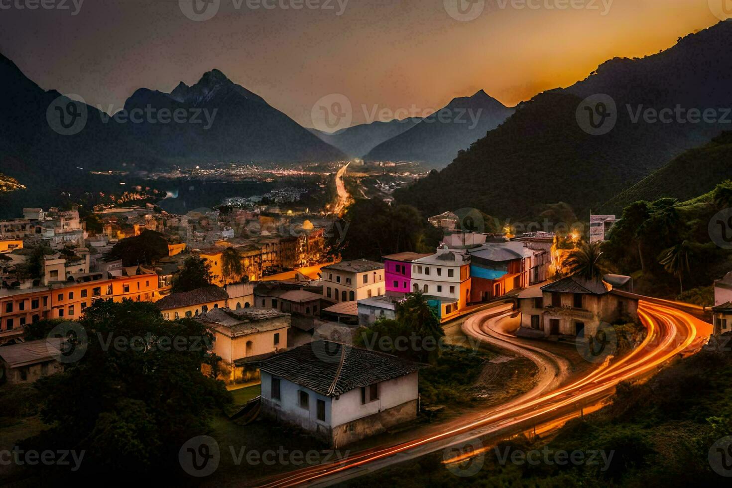 foto sfondo il cielo, montagne, strada, cittadina, luci, il città, il montagne,. ai-generato