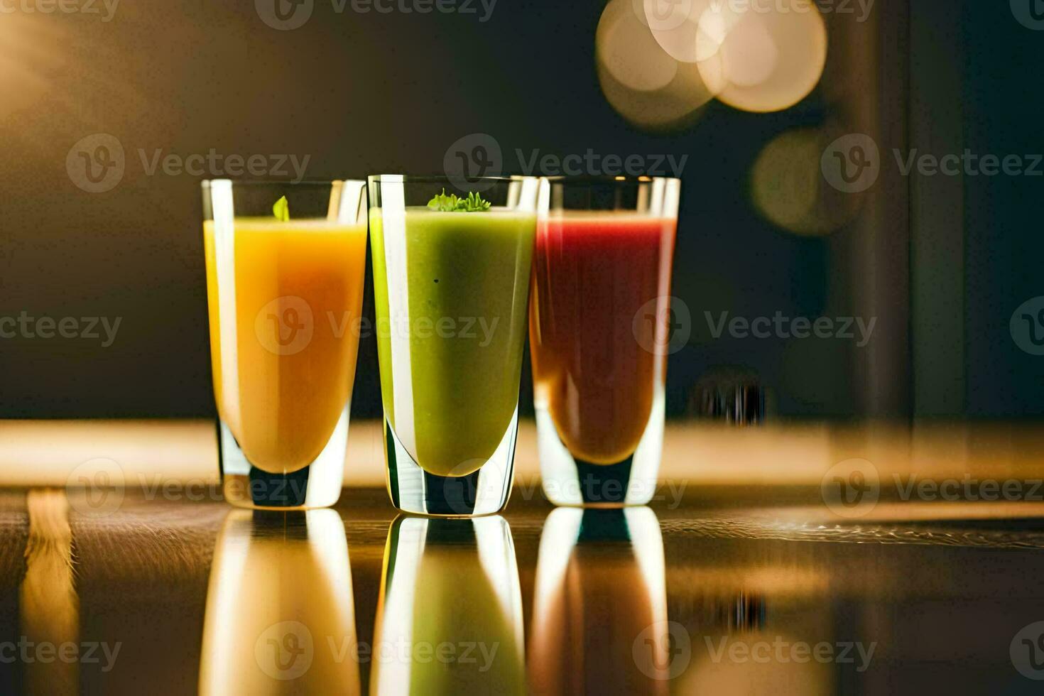 tre bicchieri di succo su un' tavolo. ai-generato foto