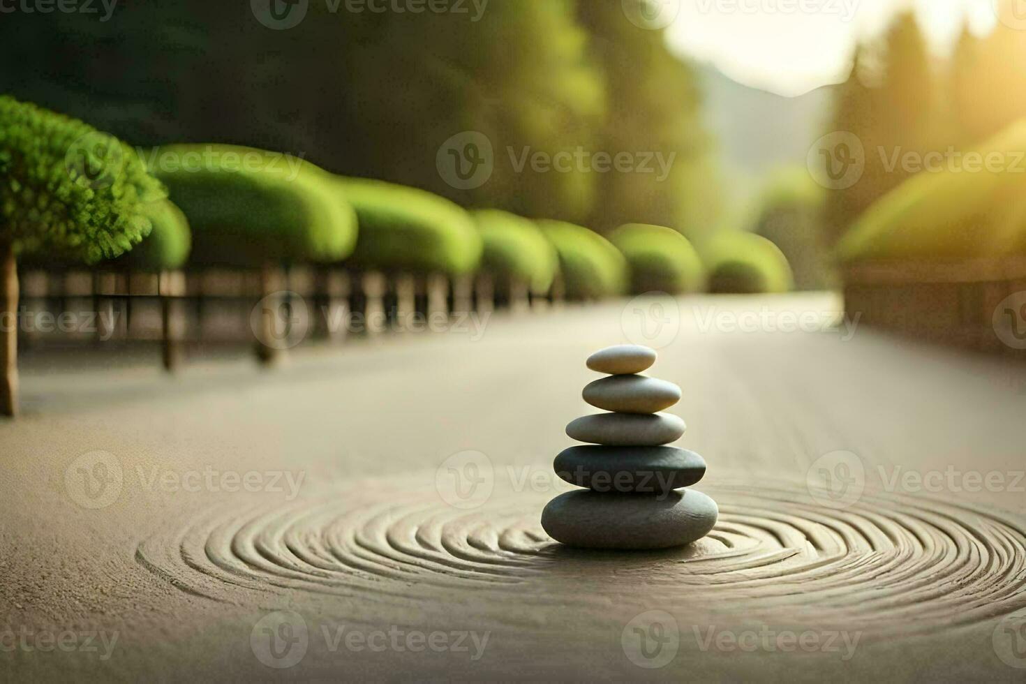 un' zen giardino con pietre nel il mezzo. ai-generato foto