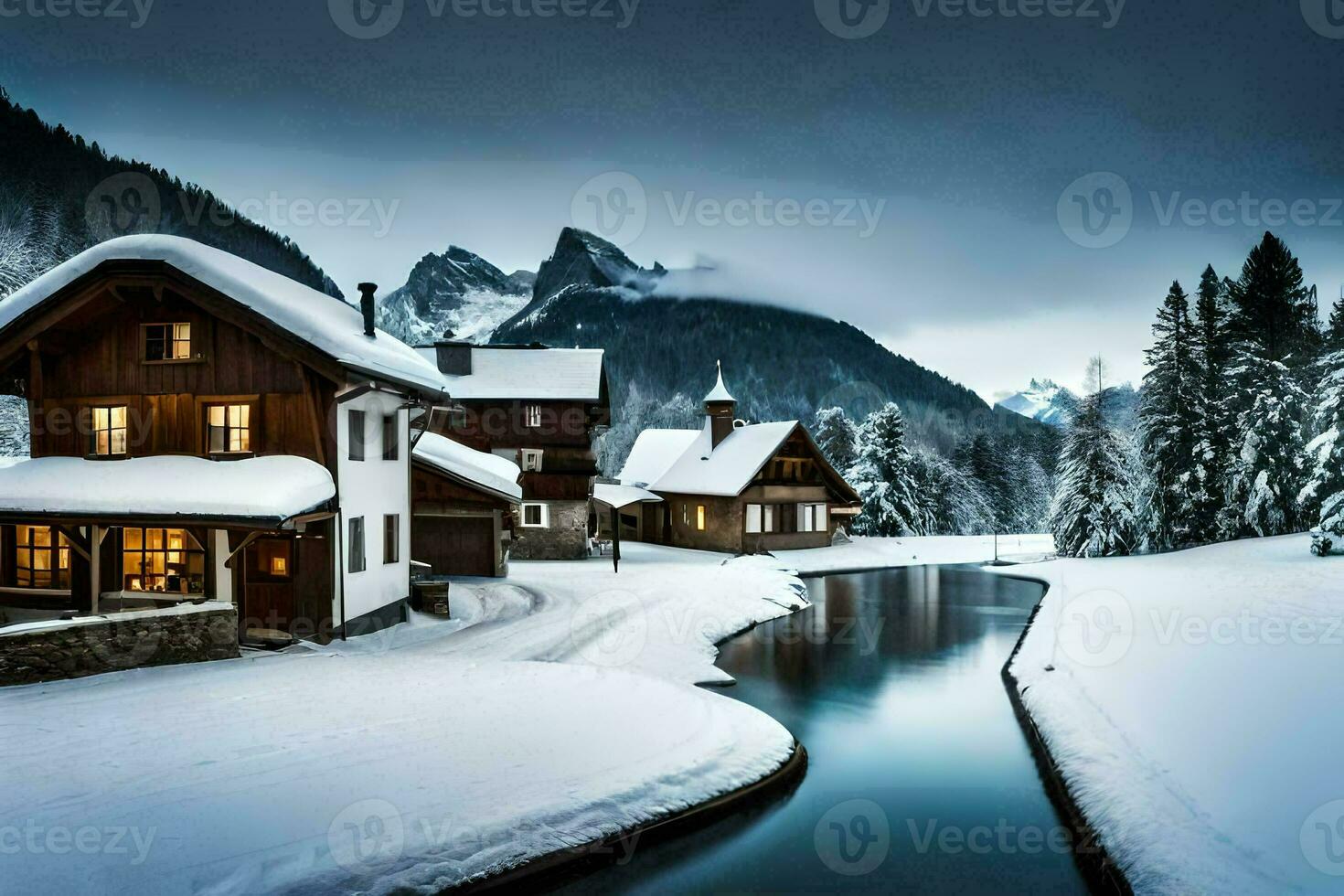 un' nevoso fiume corre attraverso un' nevoso montagna villaggio. ai-generato foto