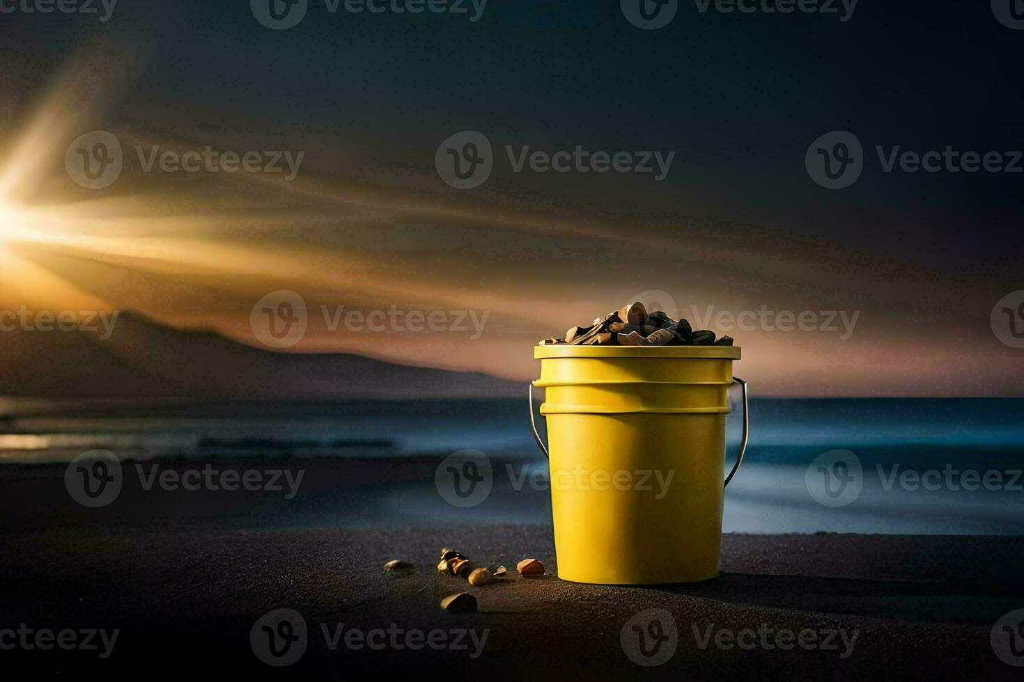 un' secchio di noccioline su il spiaggia a tramonto. ai-generato foto