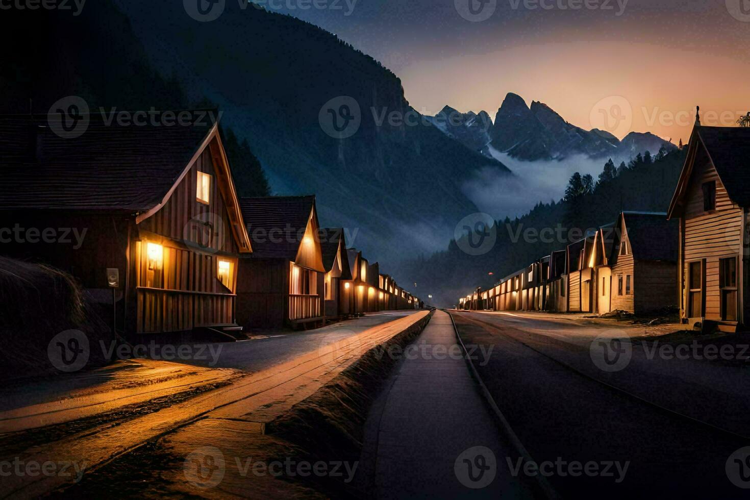 foto sfondo il cielo, montagne, nebbia, il strada, case, il strada, il strada. ai-generato