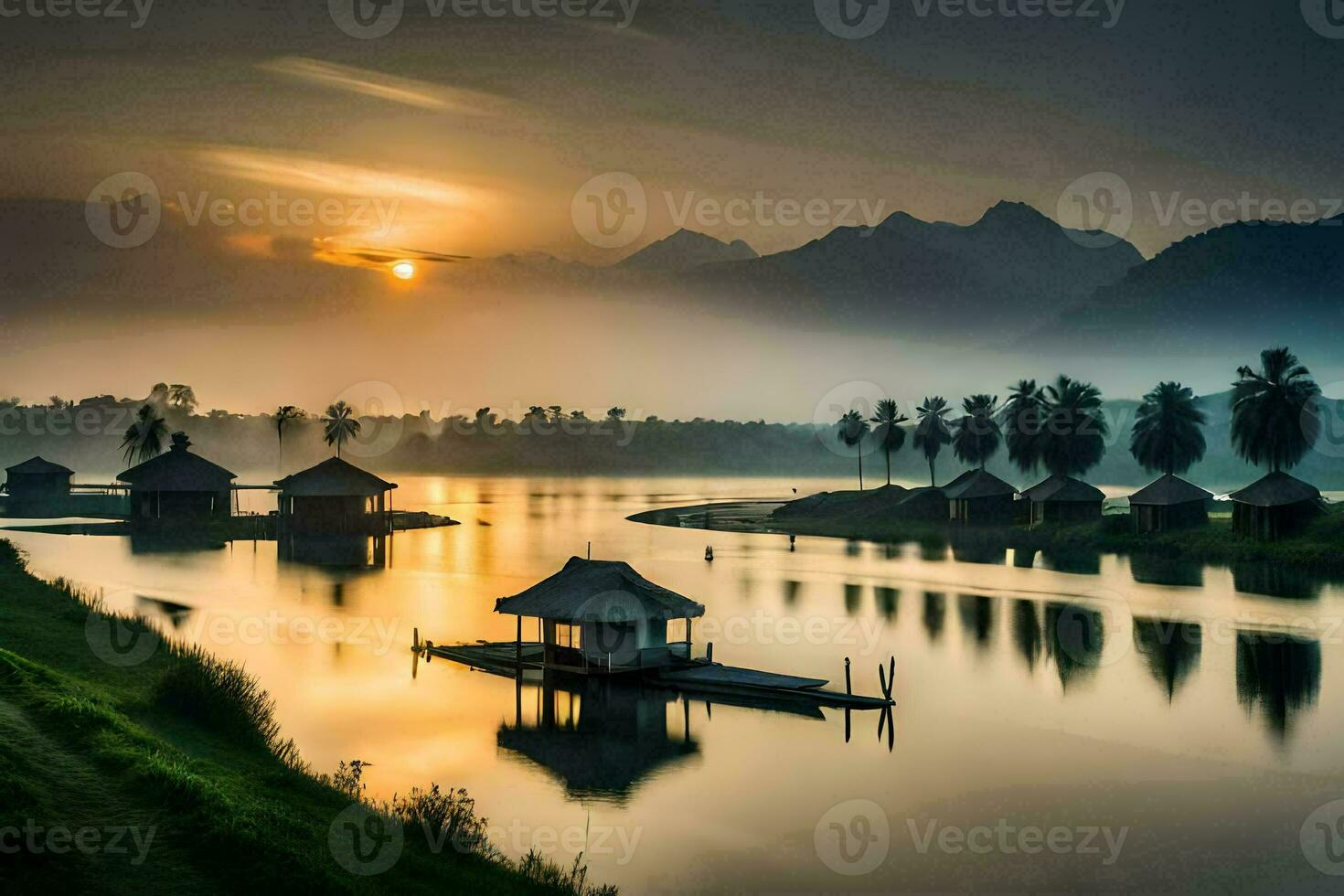 il sole sorge al di sopra di un' lago con capanne e montagne. ai-generato foto