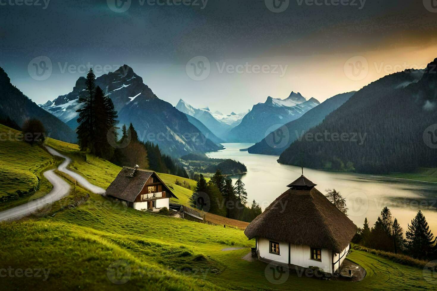 foto sfondo montagne, il cielo, lago, strada, Casa, il strada, il lago,. ai-generato