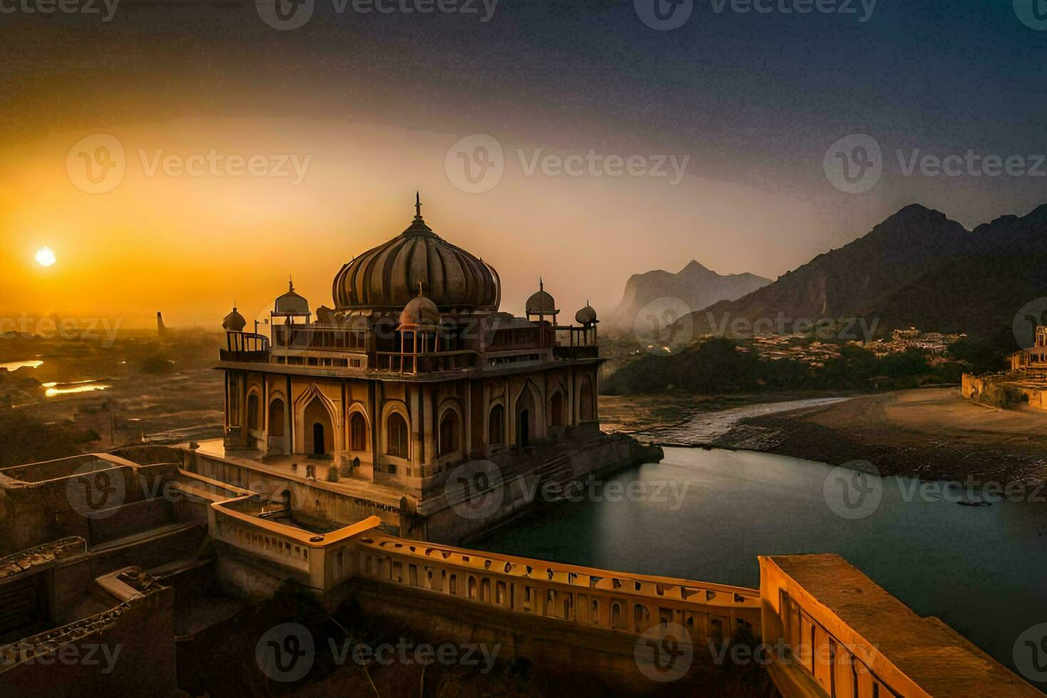 il sole imposta al di sopra di un' bellissimo moschea nel India. ai-generato foto