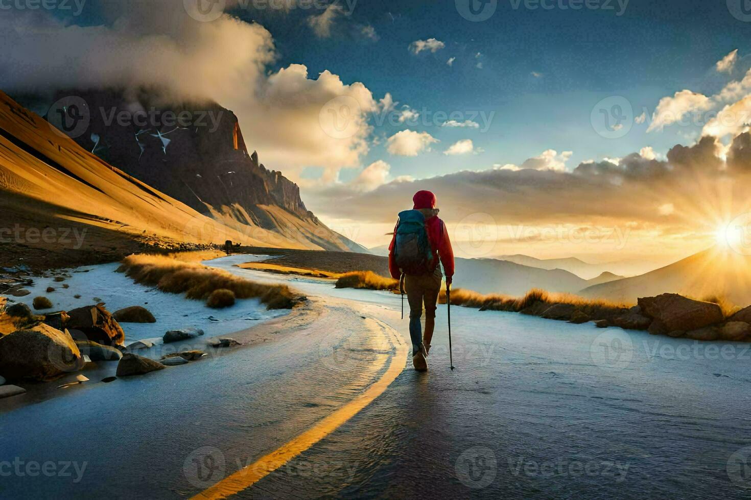 un' persona a piedi su un' strada nel il montagne. ai-generato foto