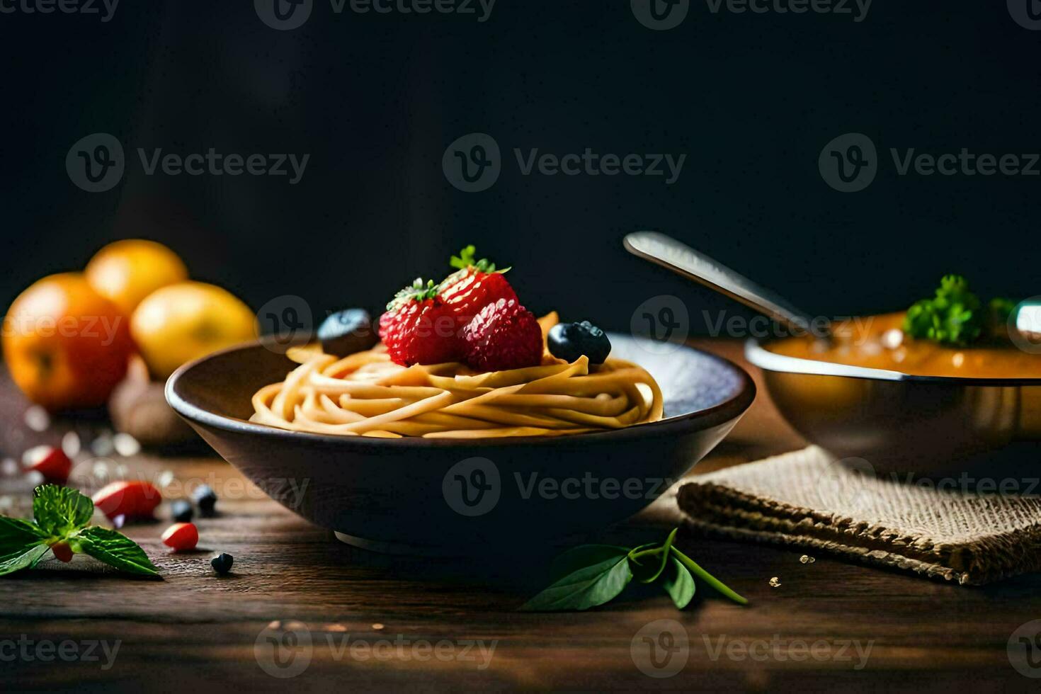 spaghetti con fresco frutti di bosco e verdure nel un' ciotola. ai-generato foto