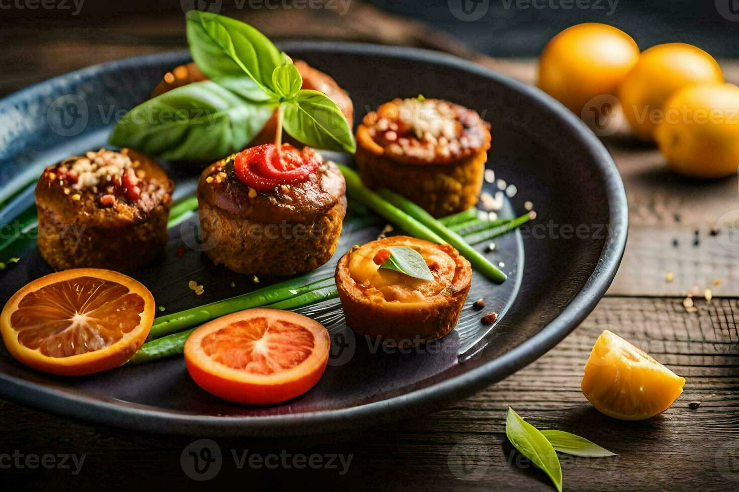 un' piatto di cibo con Polpette, pomodori e erbe aromatiche. ai-generato foto