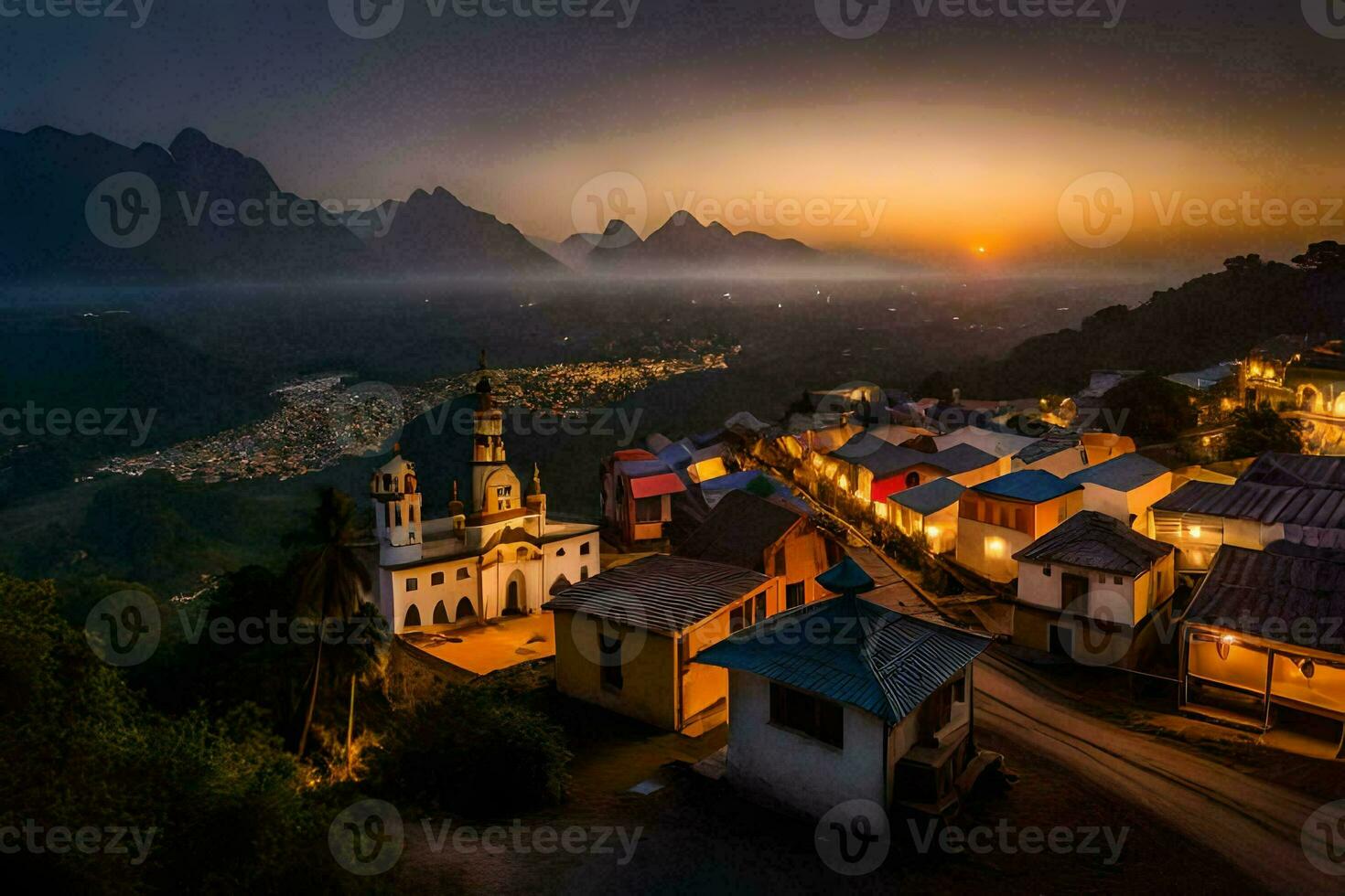 un' villaggio a tramonto nel il montagne. ai-generato foto