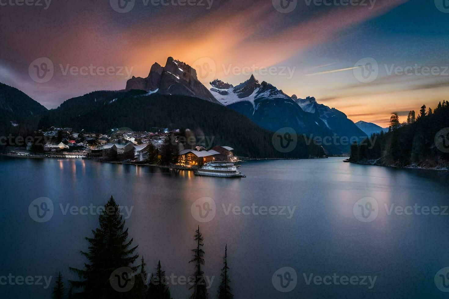 un' barca si siede nel il mezzo di un' lago a tramonto. ai-generato foto