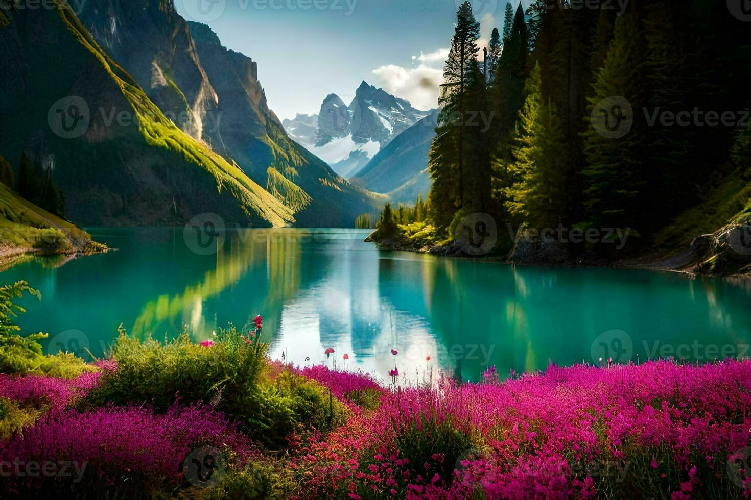 un' lago circondato di viola fiori e montagne. ai-generato foto