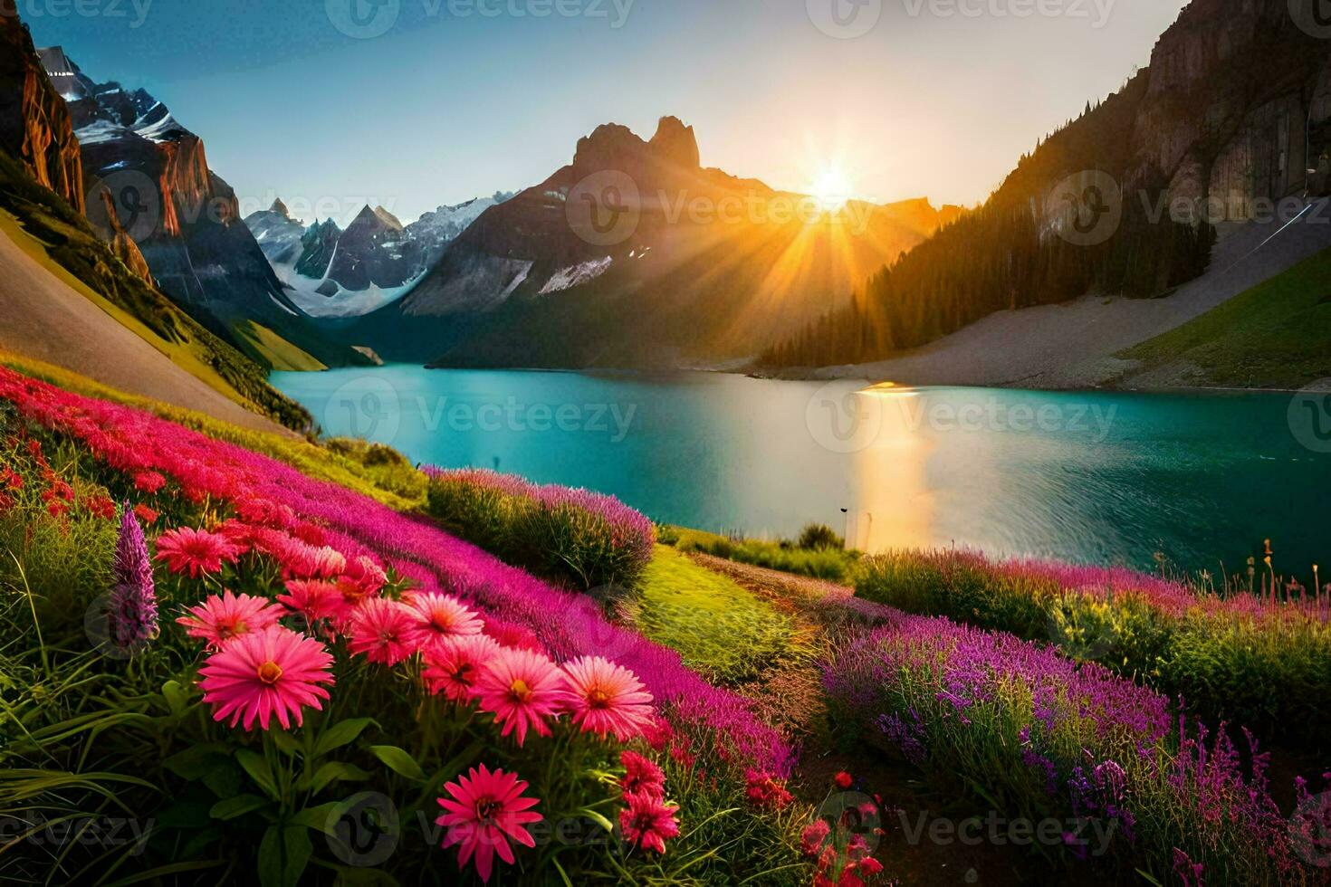 il sole sorge al di sopra di un' lago e fiori nel il montagne. ai-generato foto