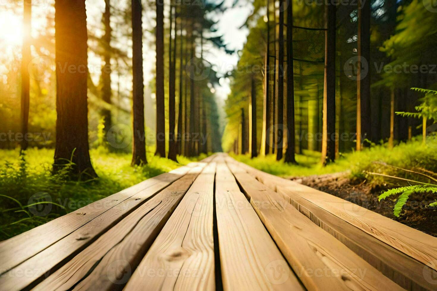 di legno sentiero nel il foresta a tramonto. ai-generato foto