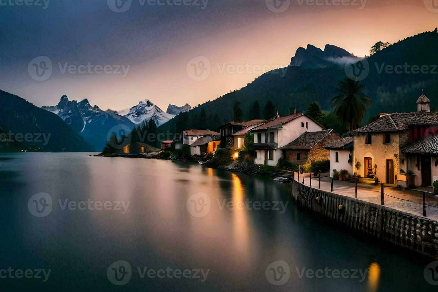 un' lago e case nel il montagne a crepuscolo. ai-generato foto