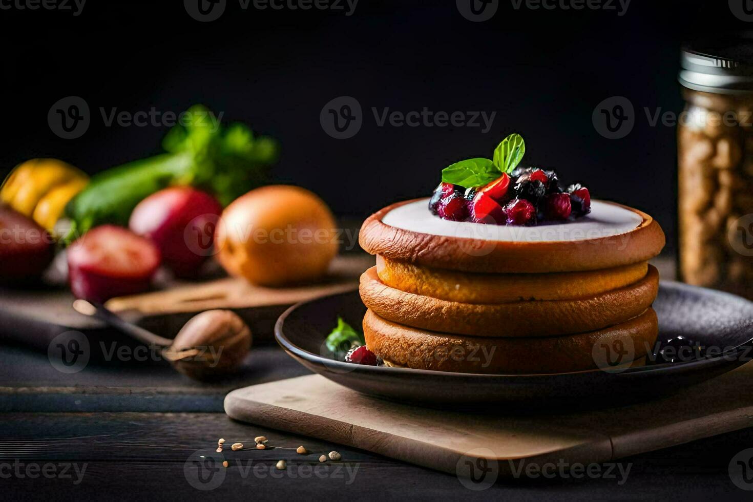 un' pila di Pancakes con frutti di bosco e noccioline su un' nero piatto. ai-generato foto