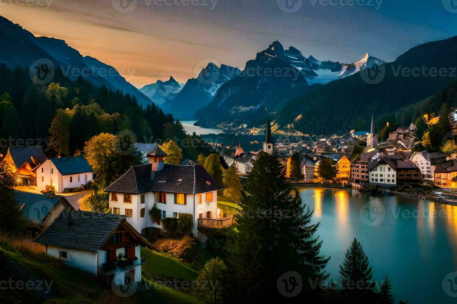 un' cittadina si siede su il bordo di un' lago a notte. ai-generato foto