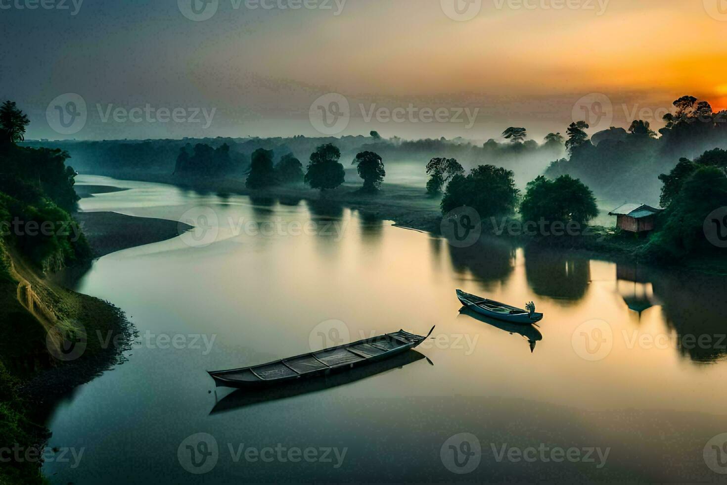 Due Barche galleggiante su il fiume a Alba. ai-generato foto