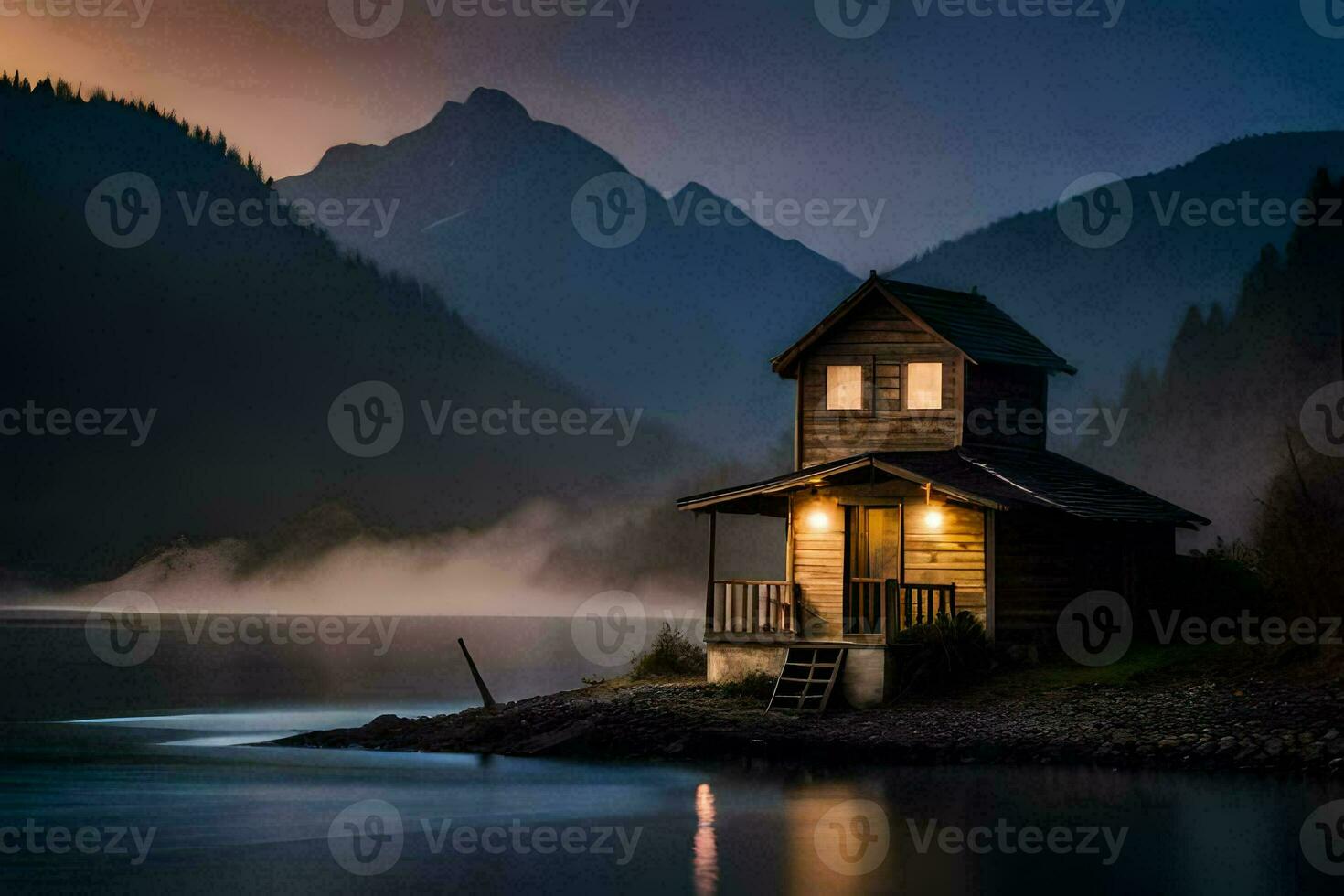 un' piccolo cabina si siede su il riva di un' lago a crepuscolo. ai-generato foto