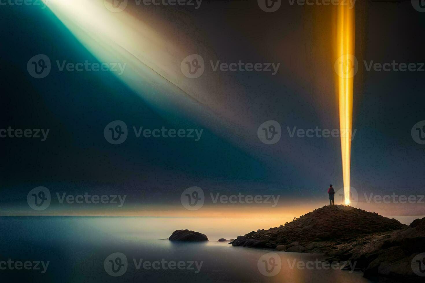 un' uomo in piedi su un' roccia con un' fascio di leggero In arrivo a partire dal il cielo. ai-generato foto