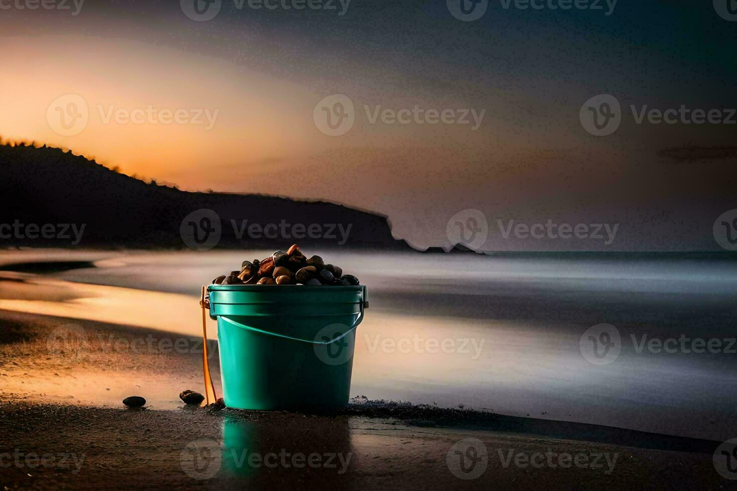 un' secchio di Ostriche su il spiaggia a tramonto. ai-generato foto