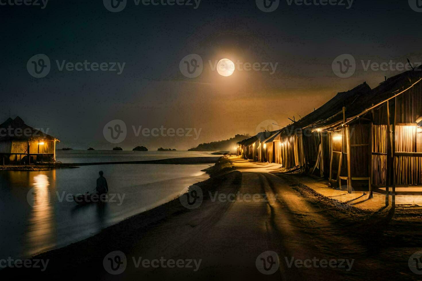 foto sfondo il Luna, notte, spiaggia, capanna, barca, uomo, barca, luna,. ai-generato
