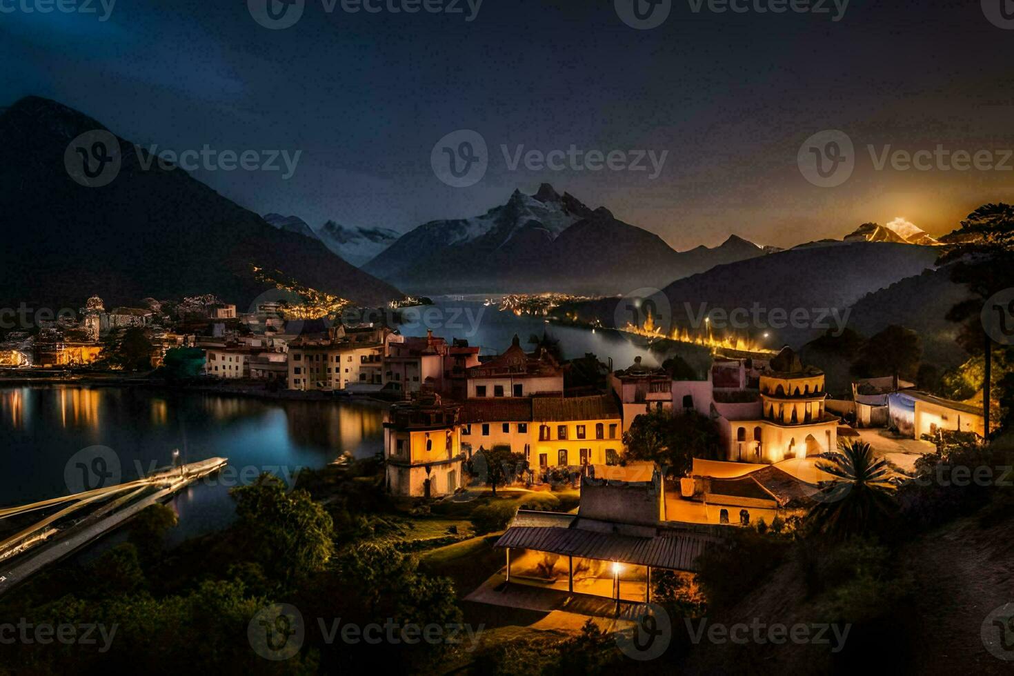 foto sfondo il cielo, montagne, lago, il città, il Luna, il città, il. ai-generato