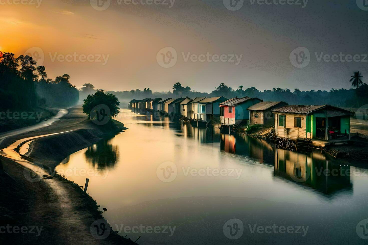 un' fiume con case su o lato a Alba. ai-generato foto