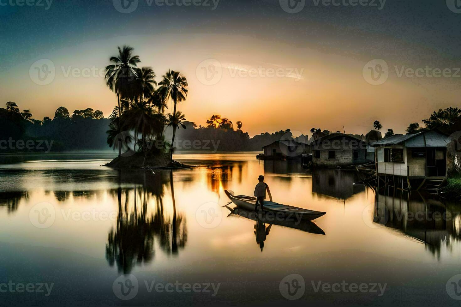 un' uomo nel un' barca su il acqua a tramonto. ai-generato foto