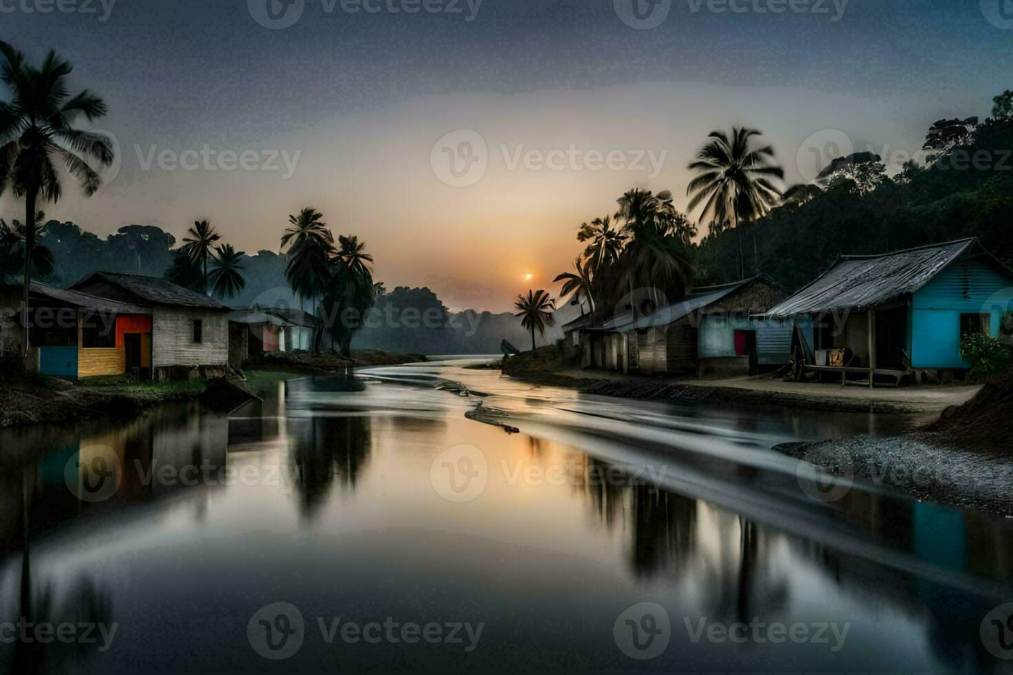 un' fiume corre attraverso un' villaggio a tramonto. ai-generato foto