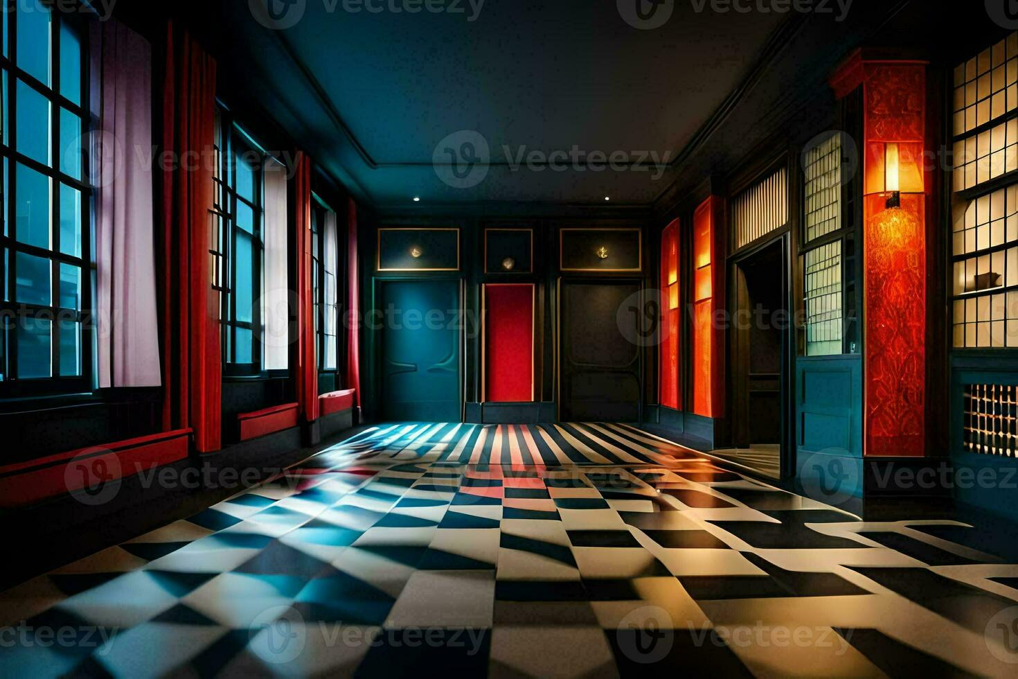 un' corridoio con nero e rosso muri e un' scacchi pavimento. ai-generato foto