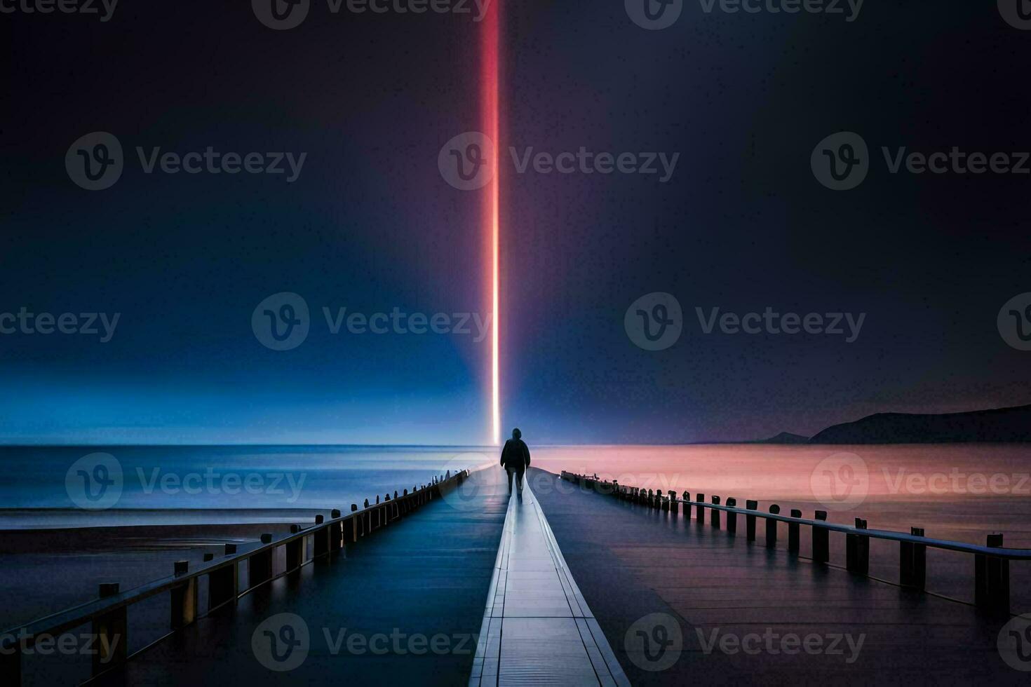 un' uomo sta su un' molo a notte con un' lungo fascio di luce. ai-generato foto