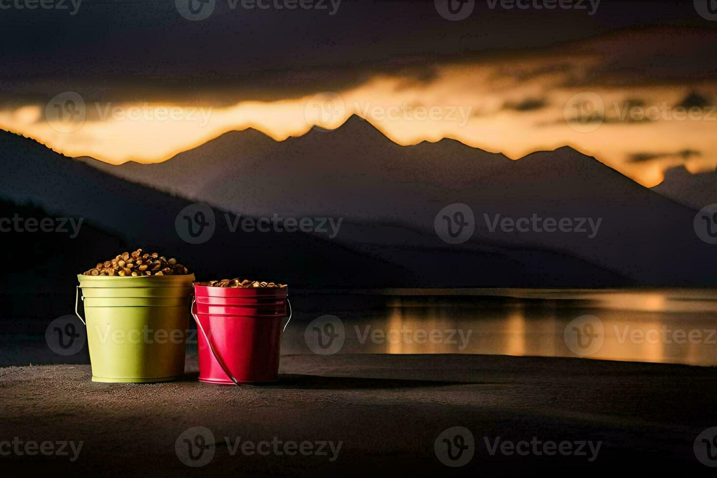 Due benne di cibo sedersi su il terra vicino un' lago. ai-generato foto