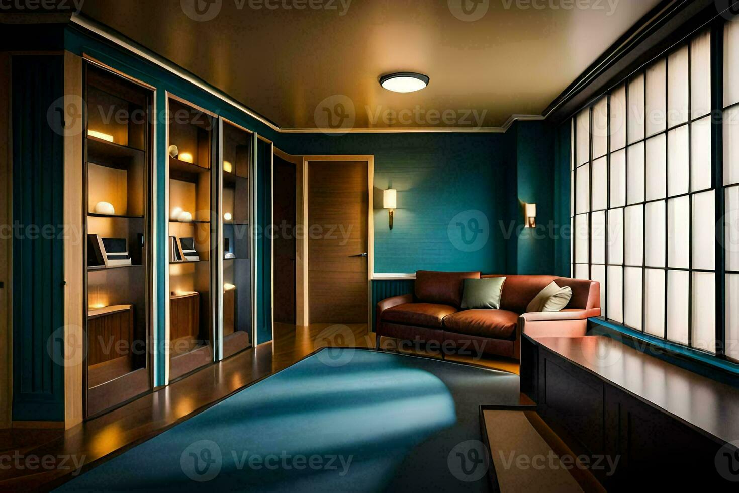 un' camera con blu muri e un' divano. ai-generato foto