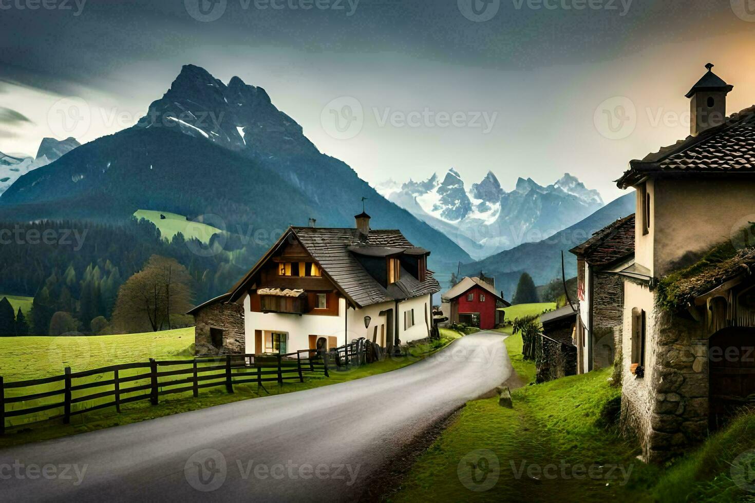 un' strada nel il montagne con case e montagne nel il sfondo. ai-generato foto