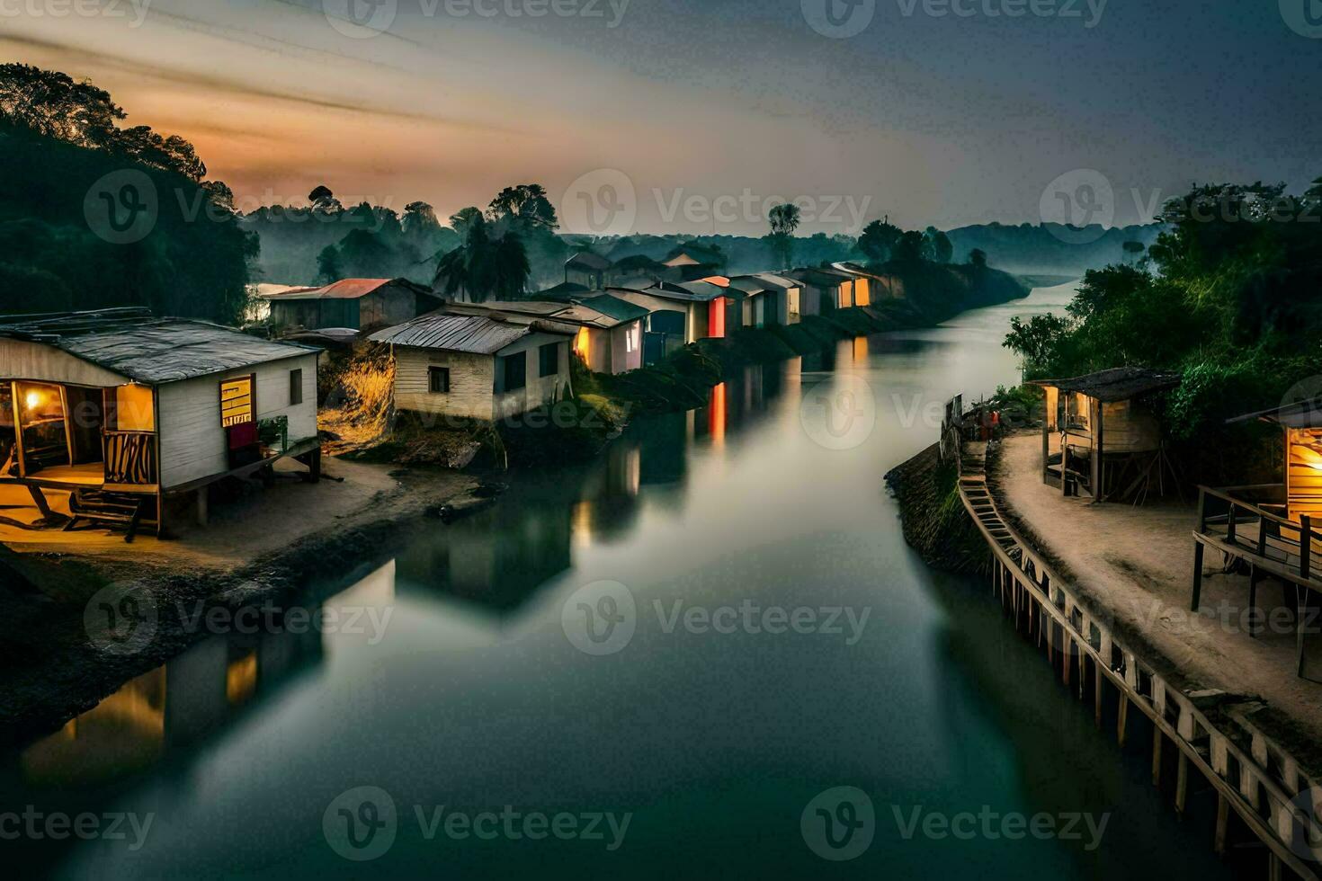 case su il banche di un' fiume a tramonto. ai-generato foto