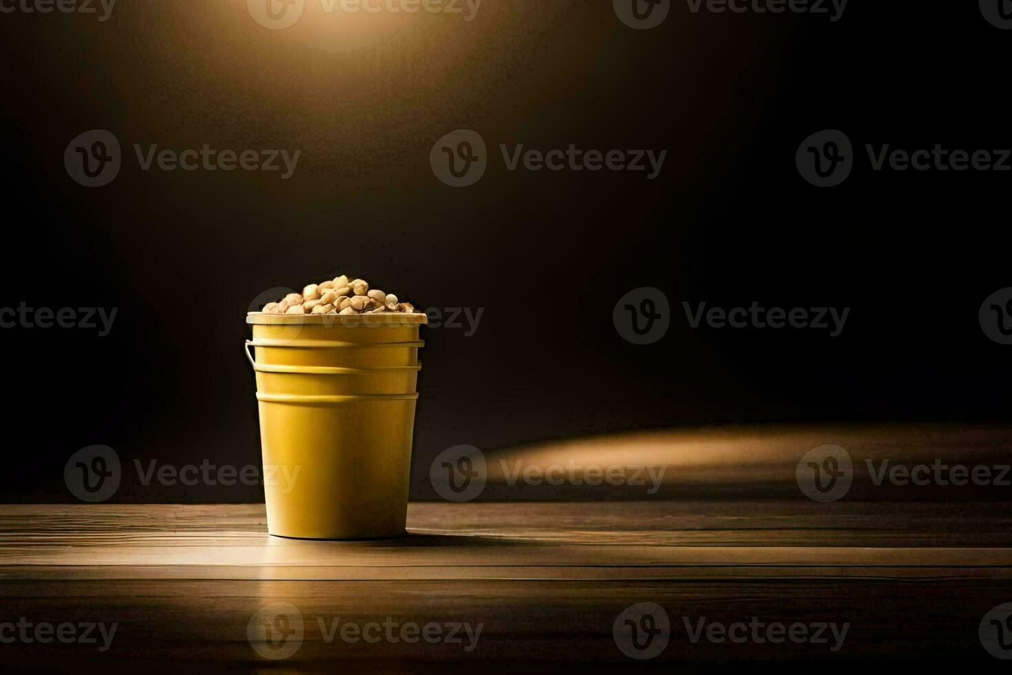 un' secchio di Popcorn su un' tavolo nel davanti di un' luce. ai-generato foto