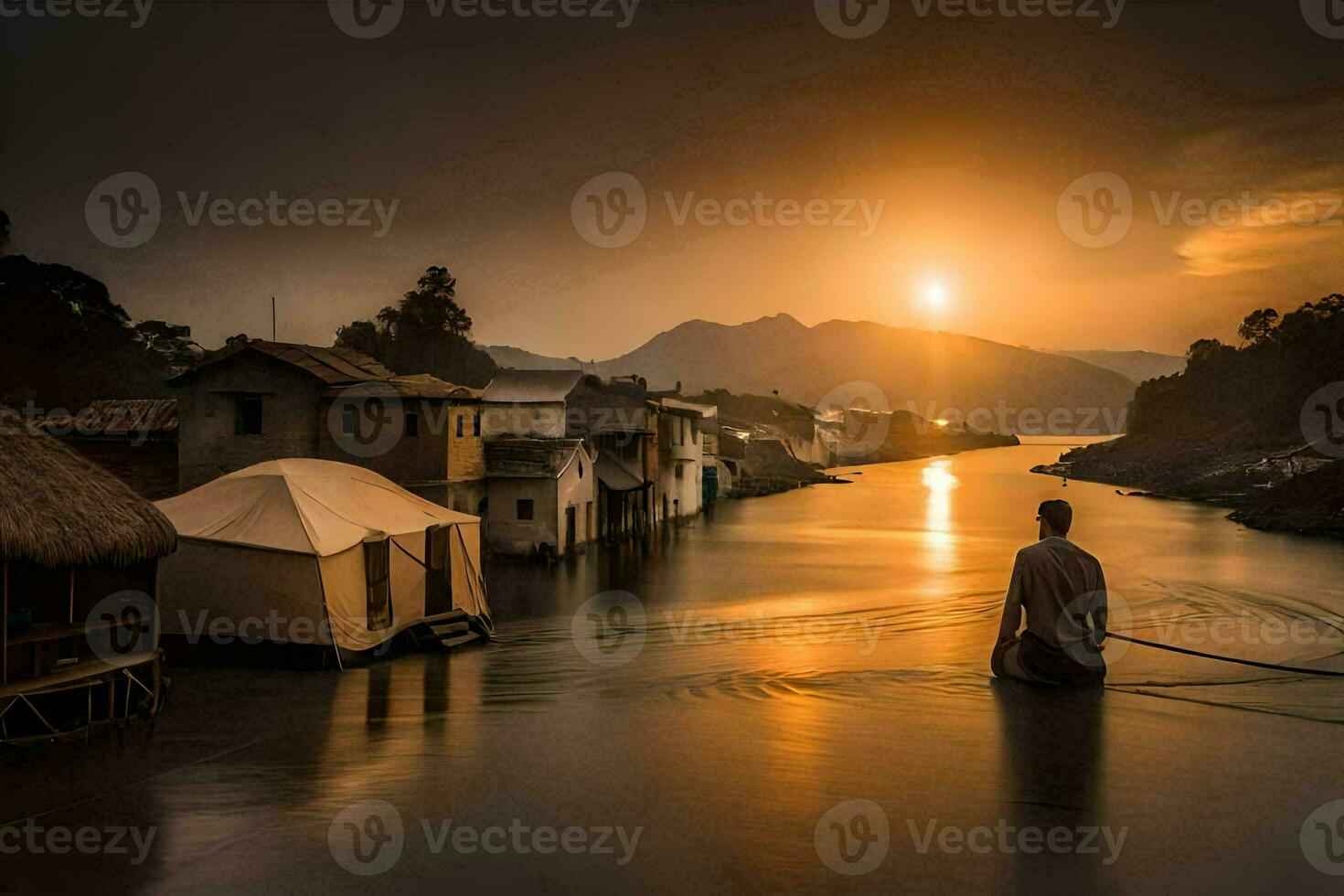 un' uomo sta su il riva di un' fiume a tramonto. ai-generato foto