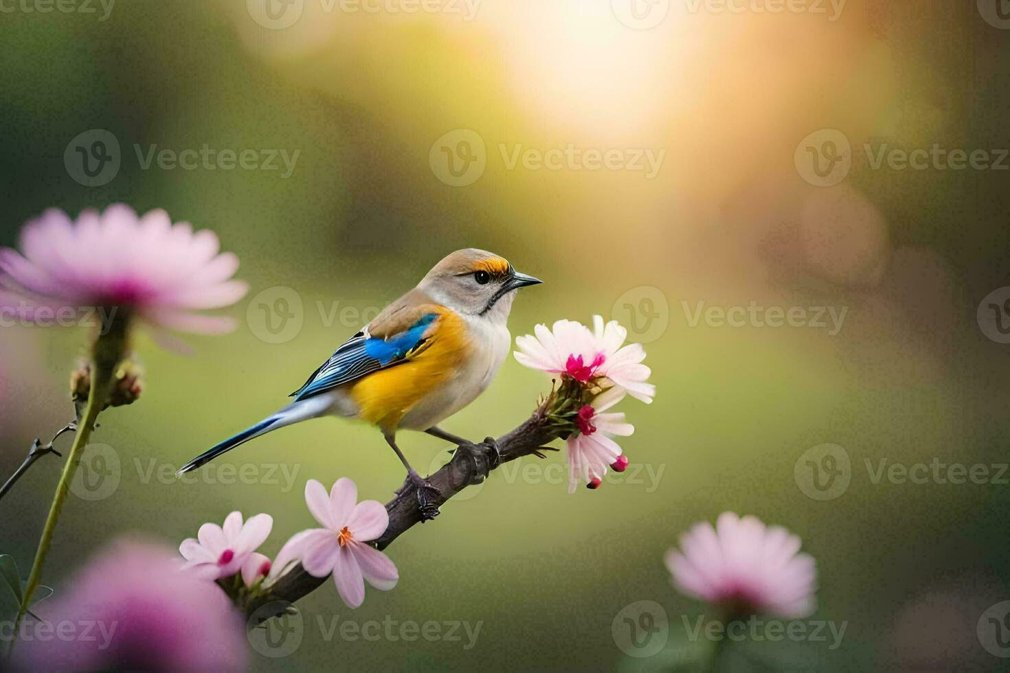 un' uccello è arroccato su un' ramo con rosa fiori. ai-generato foto