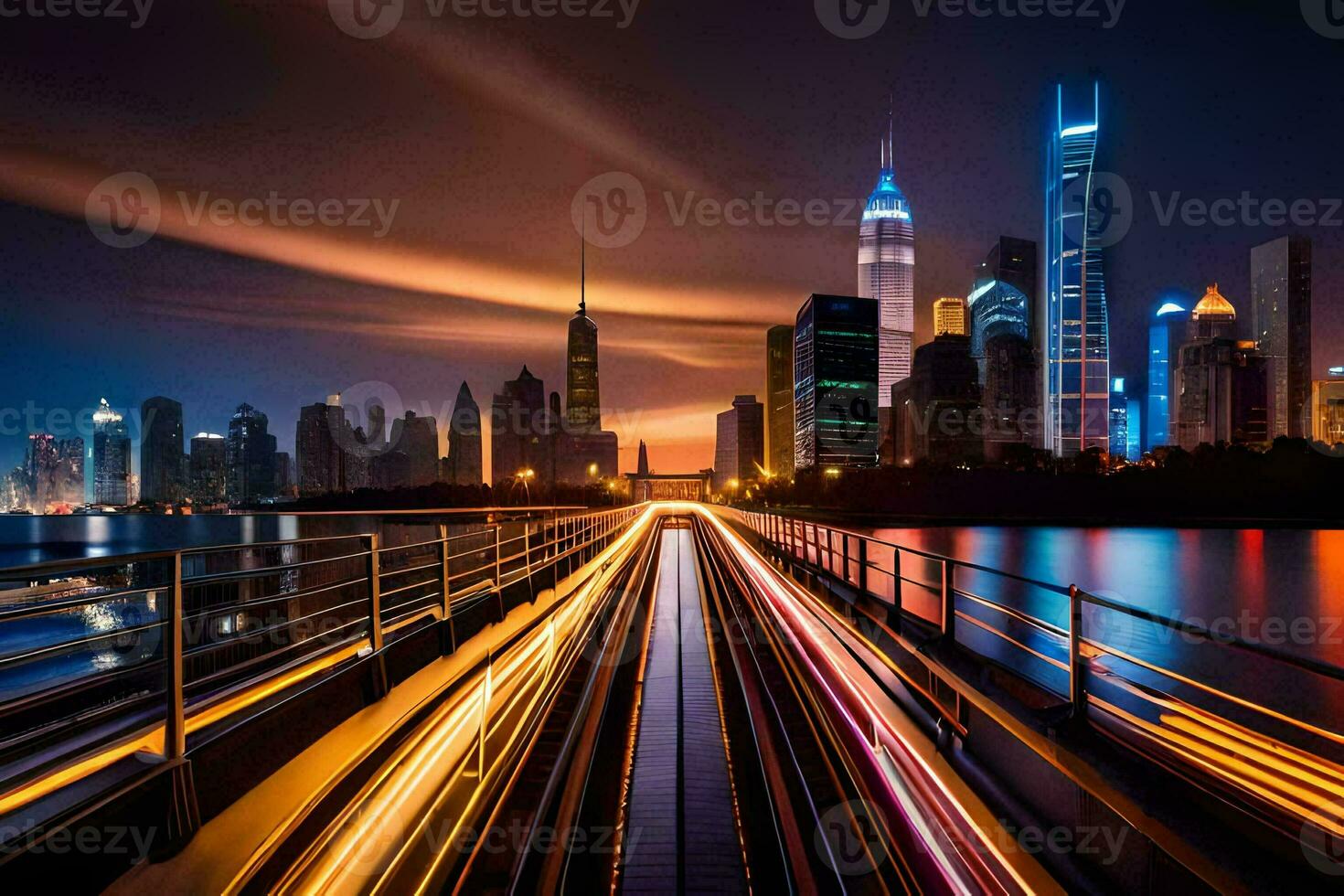 un' città orizzonte a notte con luci su il ponte. ai-generato foto