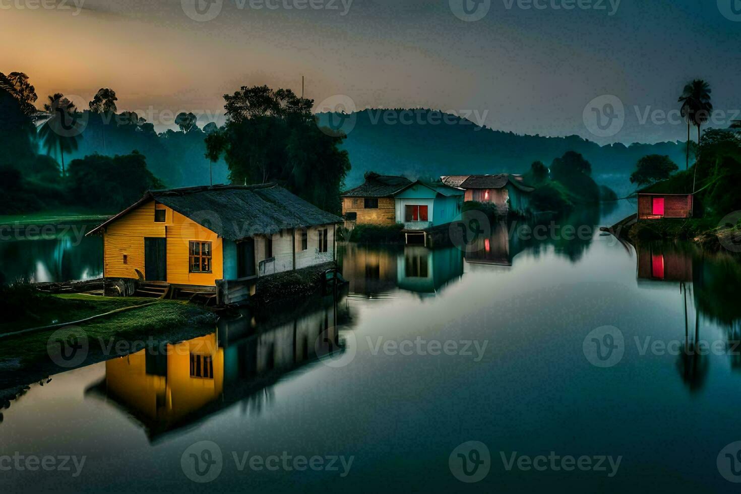 case su il acqua a tramonto nel un' rurale la zona. ai-generato foto