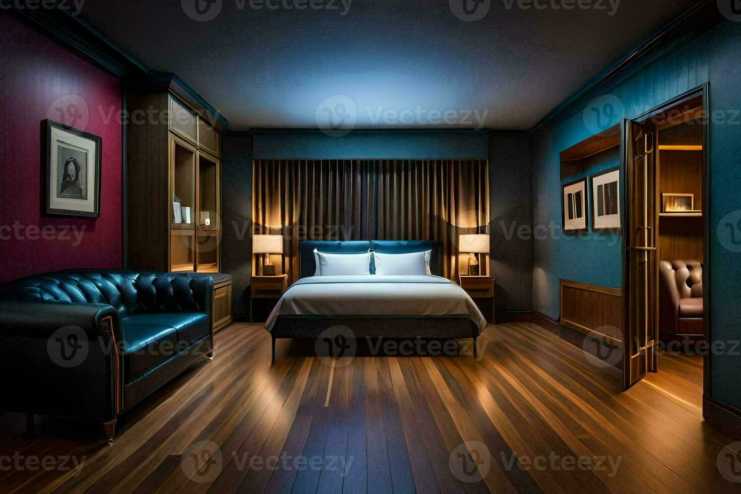 un' Camera da letto con un' blu parete e legna piani. ai-generato foto