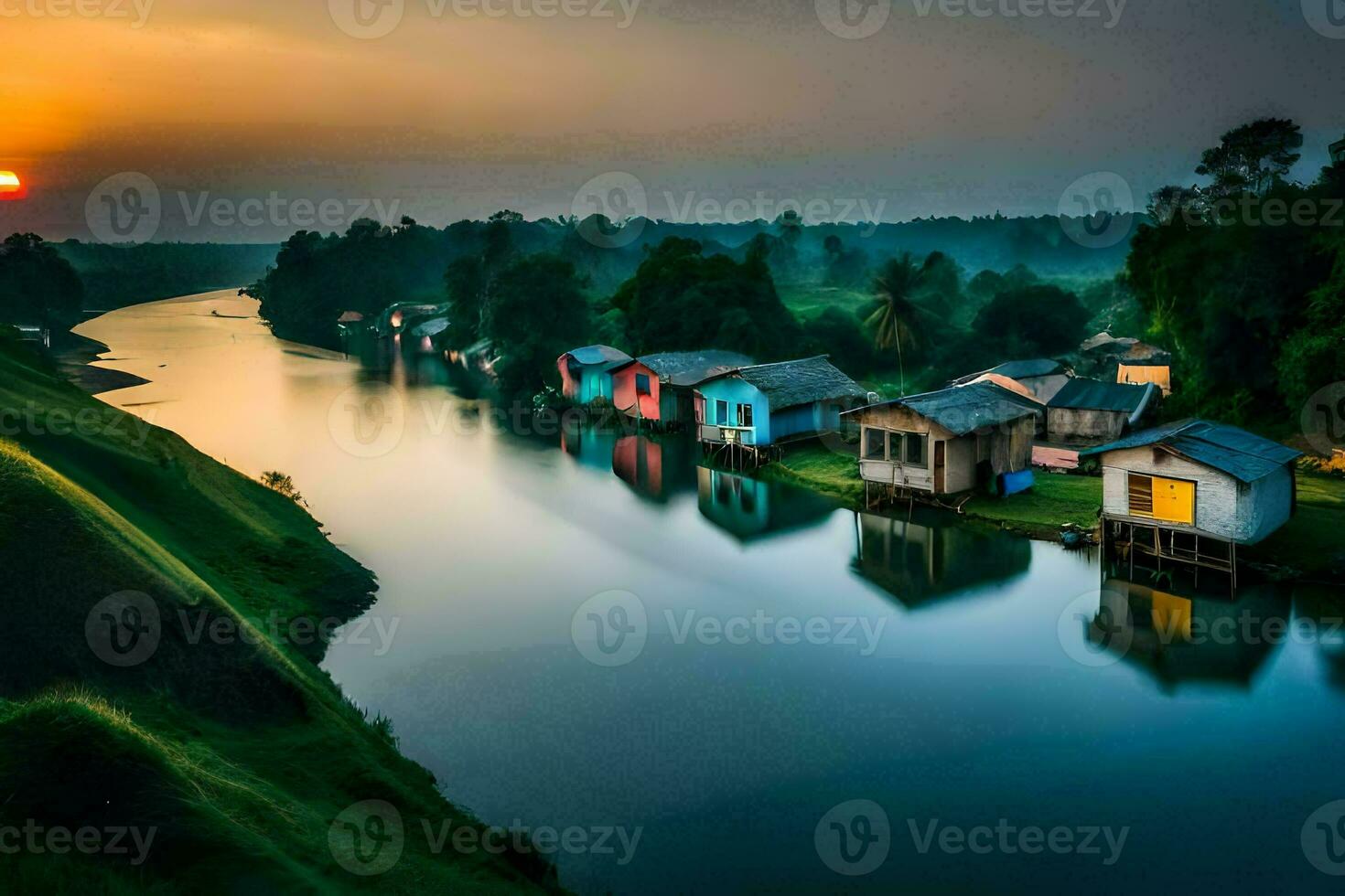 case su il banche di un' fiume a tramonto. ai-generato foto