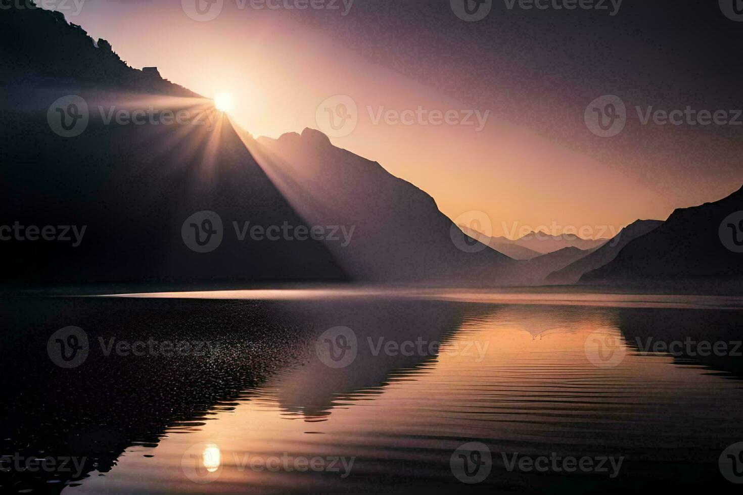 luce del sole splendente al di sopra di un' montagna lago e montagne. ai-generato foto