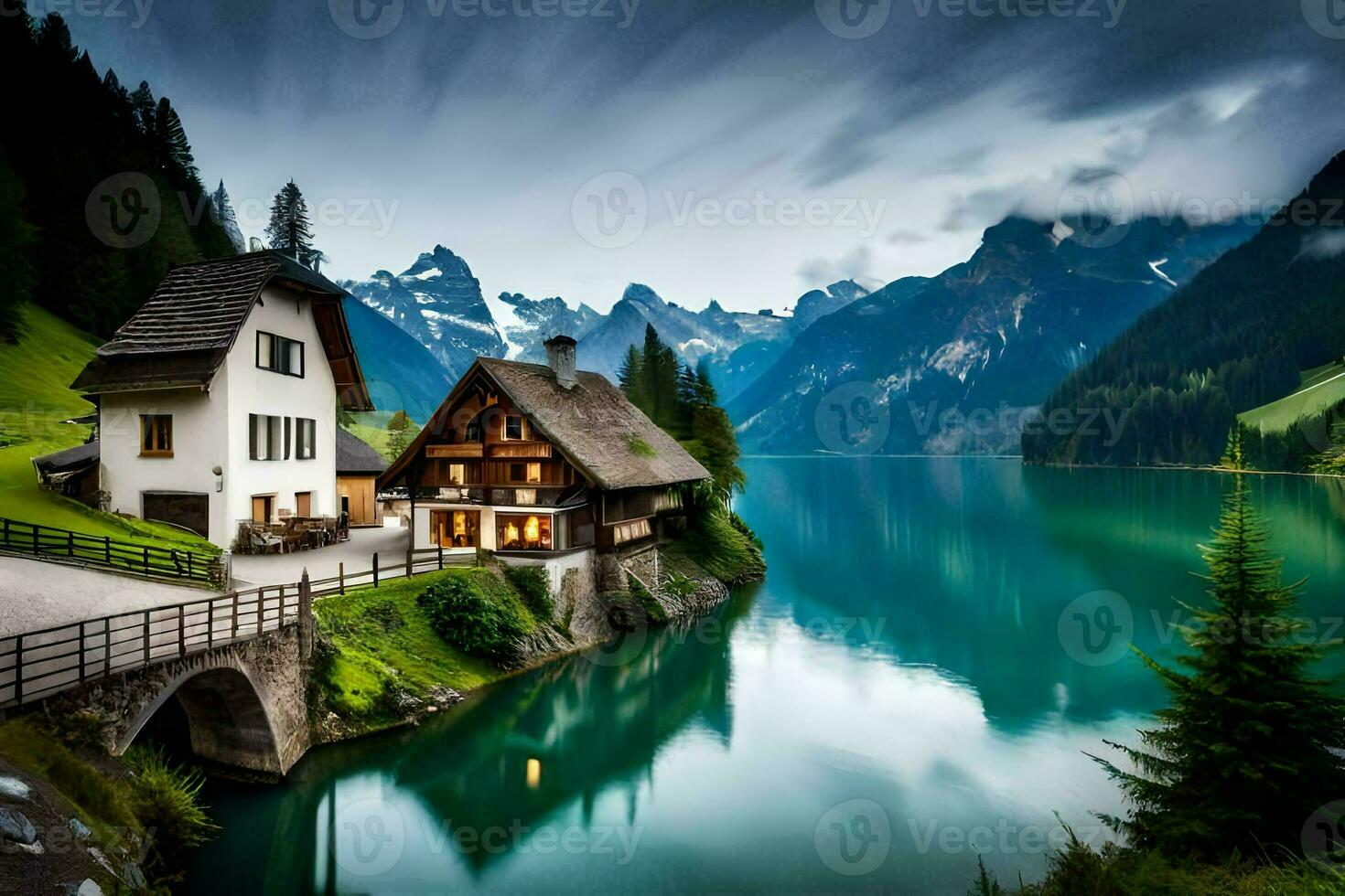 il Casa è circondato di montagne e acqua. ai-generato foto