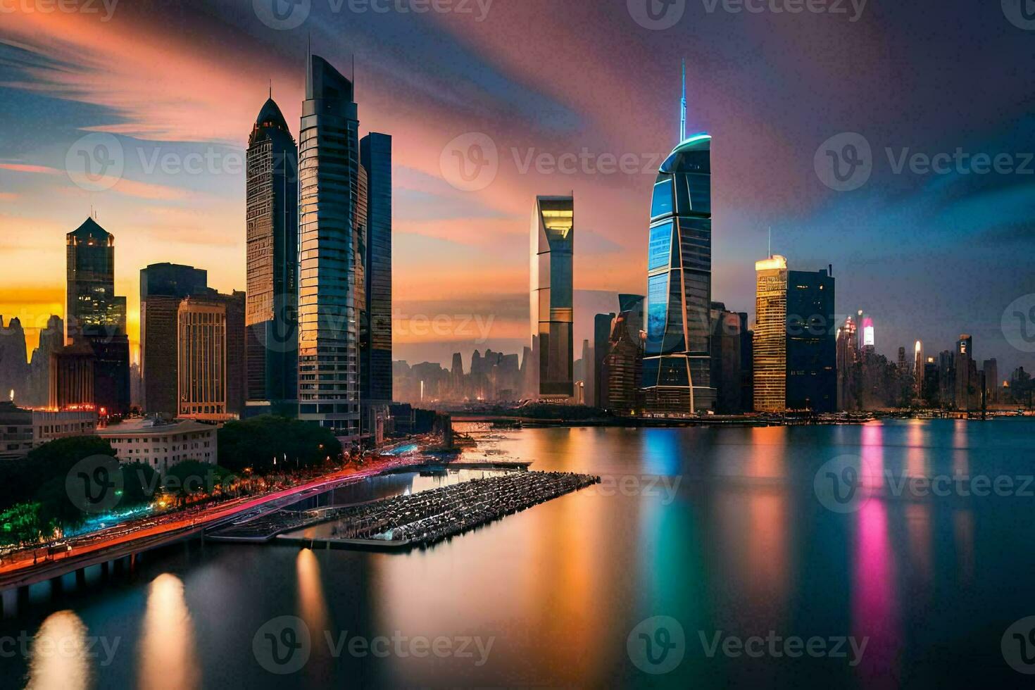 il città orizzonte a crepuscolo nel shanghai. ai-generato foto