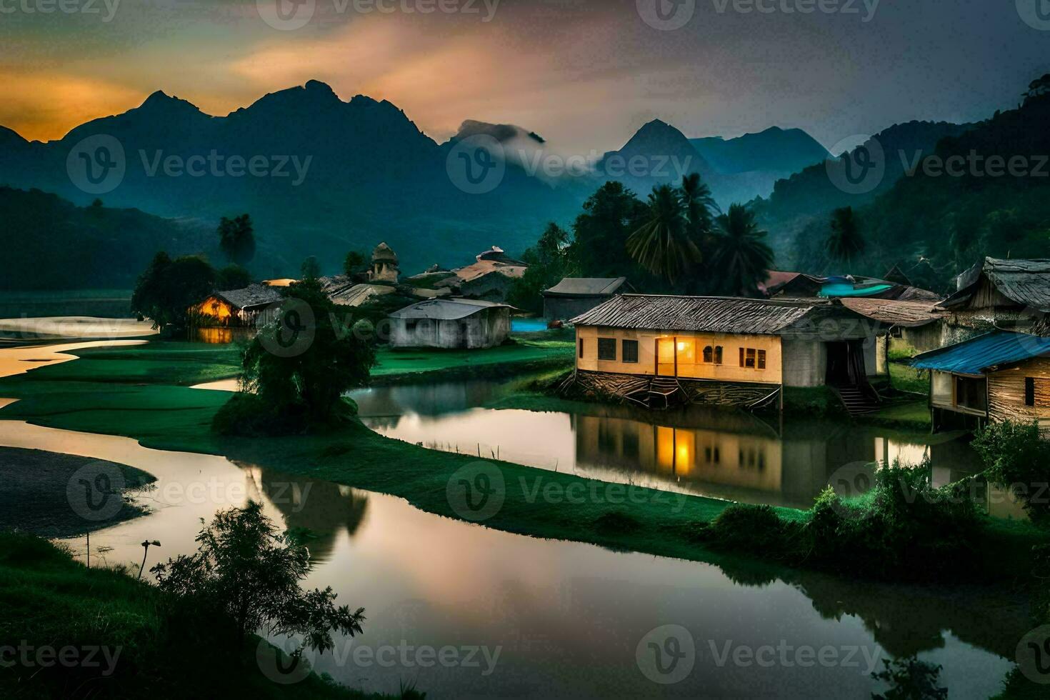 un' villaggio nel il montagne a tramonto. ai-generato foto