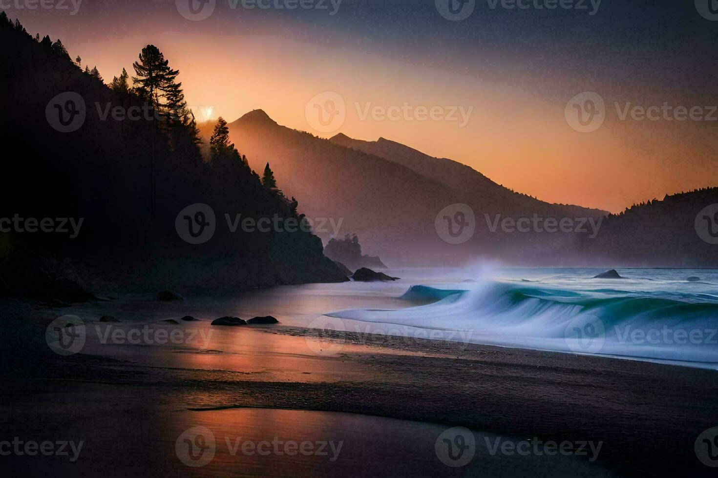 un' bellissimo tramonto al di sopra di il oceano e montagne. ai-generato foto