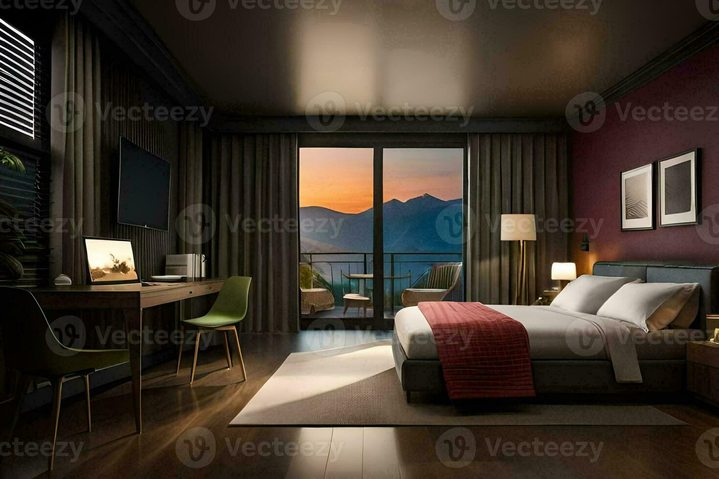 un' Camera da letto con un' Visualizza di montagne a tramonto. ai-generato foto